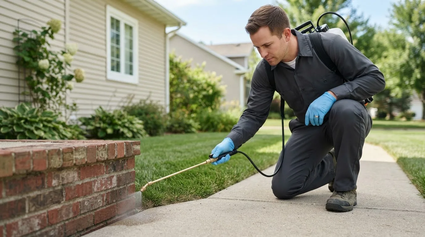 Pest control technician treating a home near Gibbs, MO